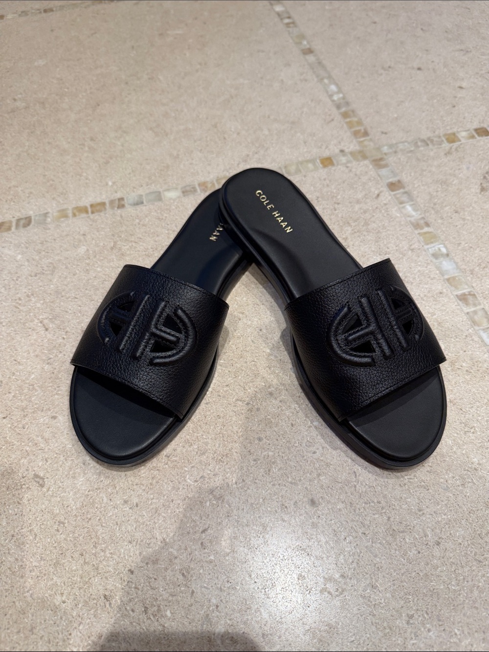 Cole Haan Black Leather Slide Sandals with Embossed Logo